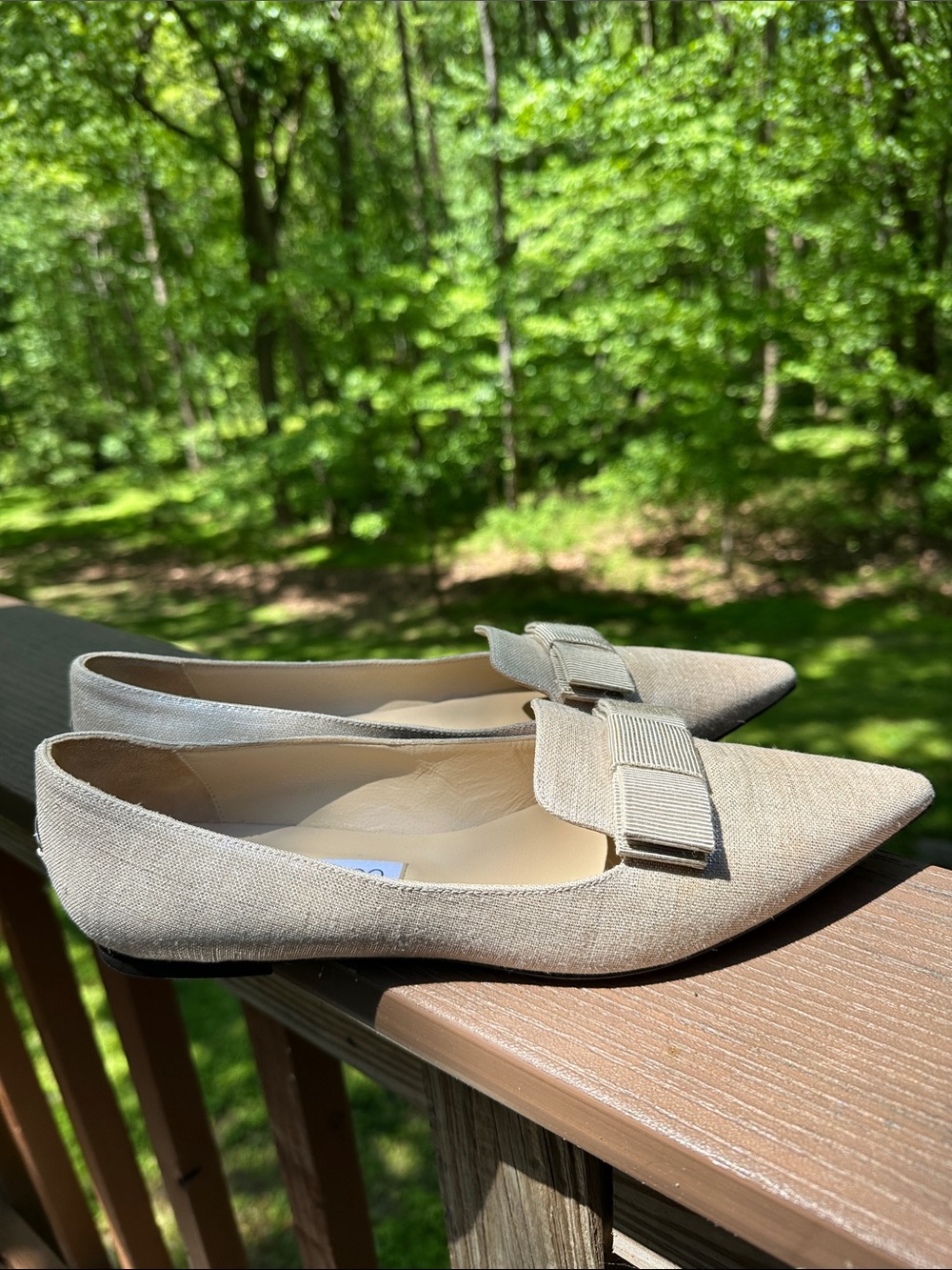 Jimmy Choo Metallic Champagne Pointed Toe Flats with Bow - Picture 2 of 6